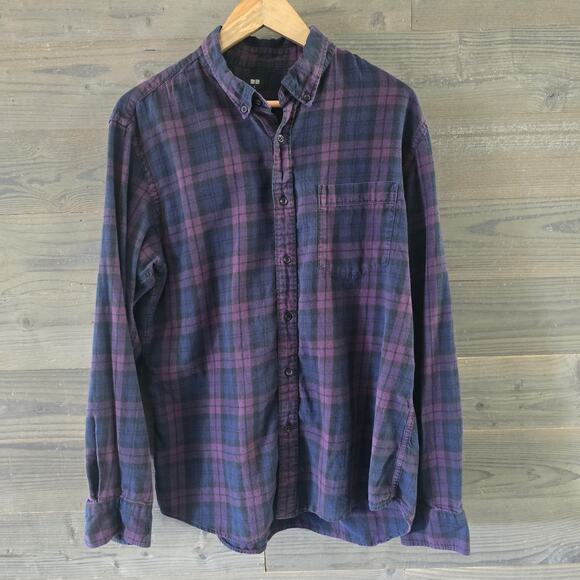 Uniqlo Other - Uniqlo Mens Large Plaid Flannel Button-Up Shirt Purple & Blue Cotton